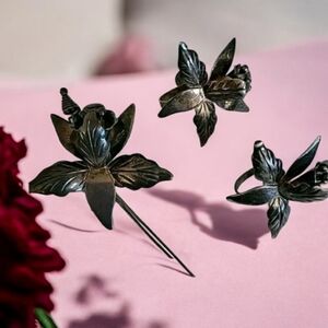 Taxco Mexico 925 Iris Flower Mid-Century Brooch Pin Screw Back Earrings Set